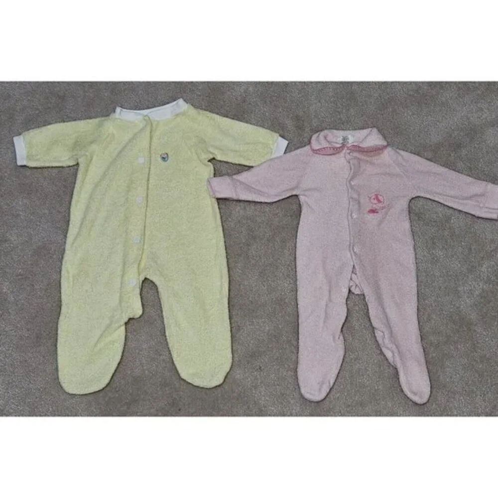9 VTG Terrycloth Footie Pajama Lot Baby Newborn 0-3 Month Yellow Pink White READ